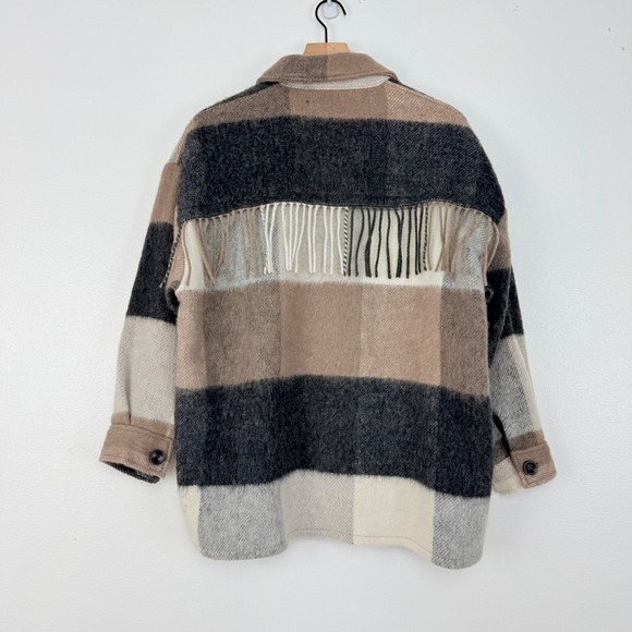 ZARA Oversized Plaid Shacket Jacket Size M Wool Blend Fringe Back Neutral Cozy - Picture 7 of 14